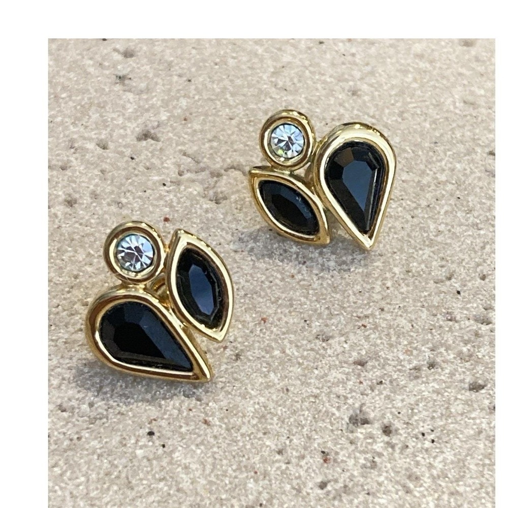 Vintage Trifari Gold Tone Black Enamel Rhinestone Earrings Runway Couture Glam